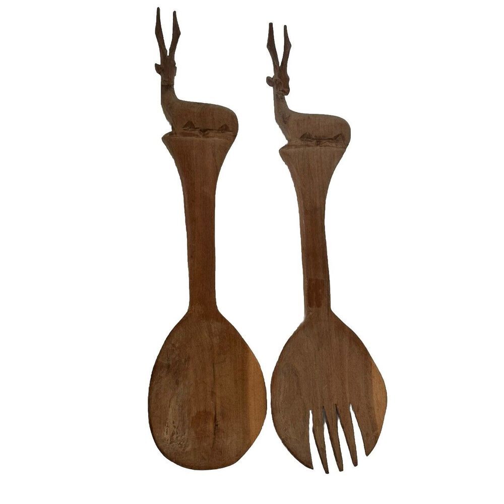 Handcarved African Wooden Serving Utensil Set Salad Fork & Spoon Antelope Handle